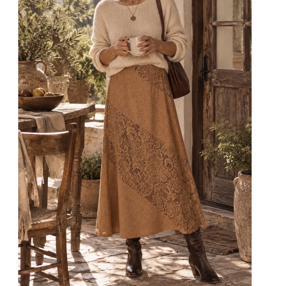 Lace Eyelet Maxi Skirt Womens sz L Tan Brown Boho Fall Practical Magic western